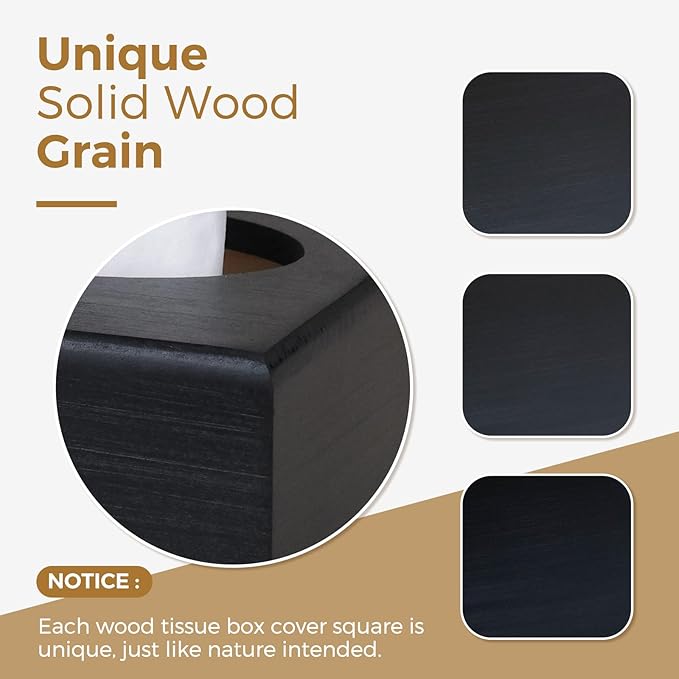 Wood Tissue Box Cover Square, Black Tissue Box Cover, Decorative Cube Facial Wooden Tissue Box Holder with Slide-Out Bottom for Bathroom, Bedroom, Dinner Table, Office, Kitchen
