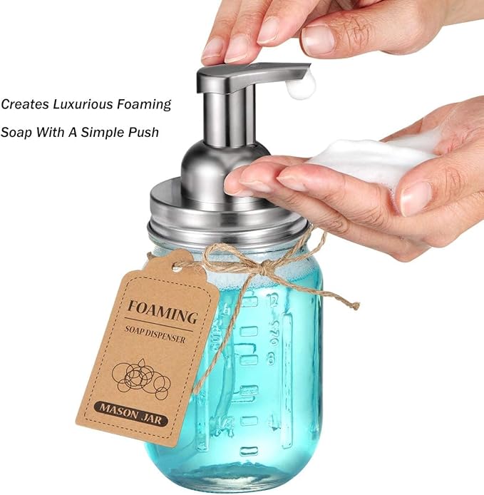 Amolliar Mason Jar Foaming Soap Dispenser Pump, Refillable Plastic Pump, Rustproof Stainless Steel Lid for Regular Mouth Jar, Cute Farmhouse Decor, Soap for Bathroom, Kitchen, Brushed Nickel 4 Pack