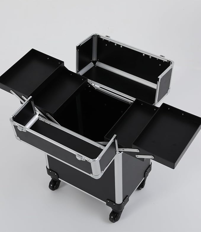 Black Rolling Makeup Case, Professional Cosmetic Box Storage on Wheels, Large Make Up Train Carrying Cases w/4 Organizer Trays, Cosmetic Case Trolley with Locks for Makeup/Nail Art/Hair Styling