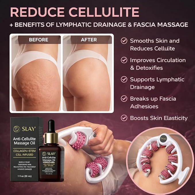 SLAY' Anti Cellulite Massage Roller & Body Oil Bundle, Lymphatic Drainage Roller, Cellulite Remover for Legs and Arms, Deep Tissue Massage Relief, Self Care Gifts, Womans Gifts