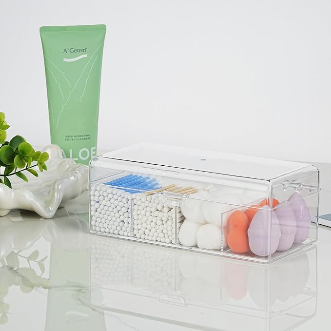 Clear Acrylic Qtip Holder Dispenser with Lid, 4-Compartment Cotton Ball Holder for Cotton Pads, Q-Tips, Makeup Sponges, Transparent athroom Canisters for Bathroom, Bedroom, or Vanity Countertop
