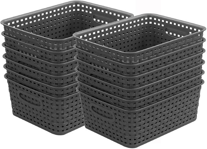 Grey Plastic Weave Storage Basket, 12-Pack Woven Gray Basket Organizer for Kitchen Office Bathroom