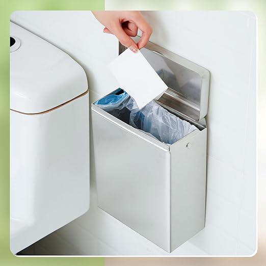 Tioncy 2 Pcs Sanitary Disposal Tampon Napkin Bathroom Receptacle Wall Mounted with Sanitary Receptacle Liner Frame Holder Stainless Steel Mini Bin Restroom Commercial Small Space (Natural Color)
