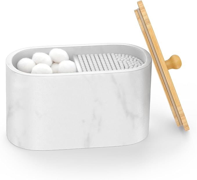 Cotton Swab Holder, Round Cotton Pads Balls Qtip Holder Dispenser with Lid, 2 Compartments Qtips Holder, Tampoms Period Box Bathroom Organizers Storage Bin Floss Dispenser Vanity Cosmetics, White