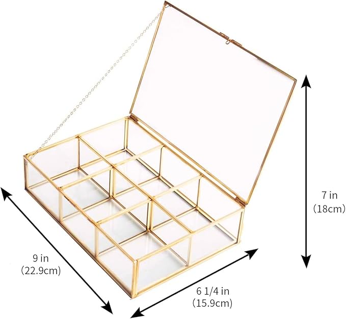 Golden Vintage Glass Box Clear Glass & Brass Metal Storage Jewelry and Cosmetic Makeup Lipstick Holder Organizer Beauty Display, 6 Compartment