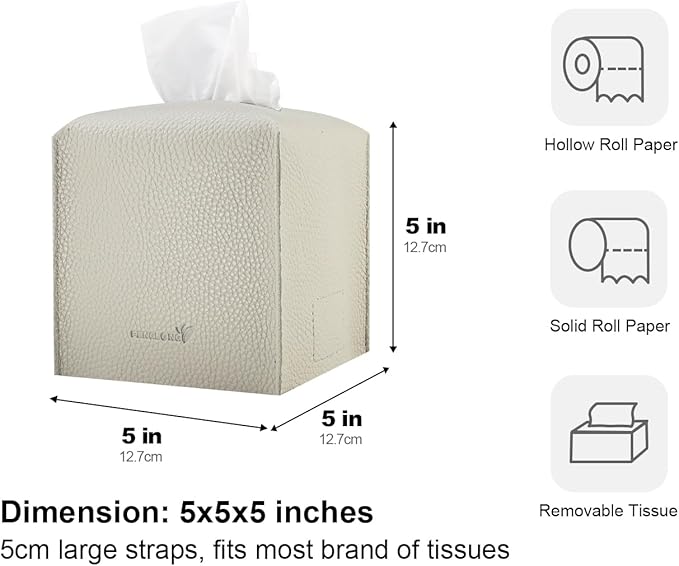 Tissue Box Cover 5X5X5'' PU Leather Tissue Holder Square Tissue Cube Box Organizer for Bathroom Vanity Countertop, Car, Night Stands, Office, Home, Kitchen (1Pack, Lime White)