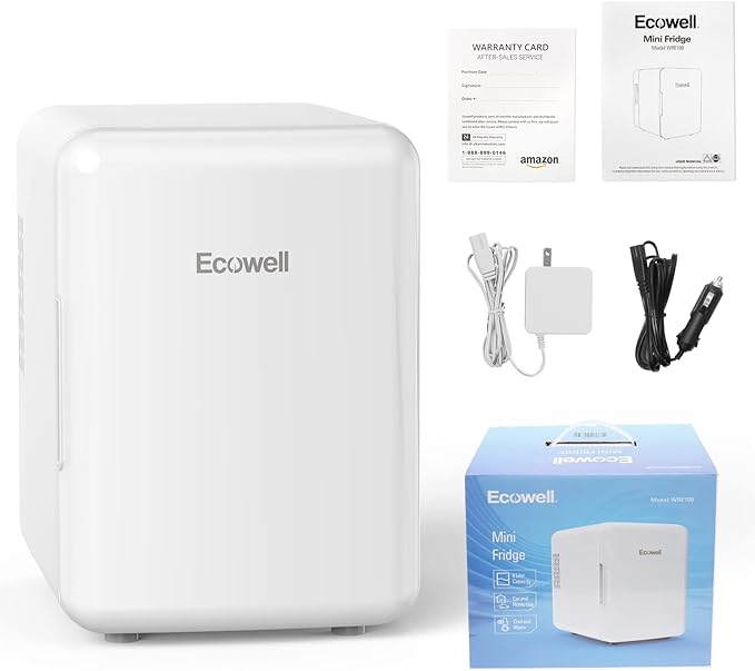 Ecowell WRE100 Mini Bedroom, 4L/6 Can Skincare Fridge, AC/DC Portable Compact Small Refrigerator for Office Dorm Car Desk for Skin Care Makeup Cosmetic, White