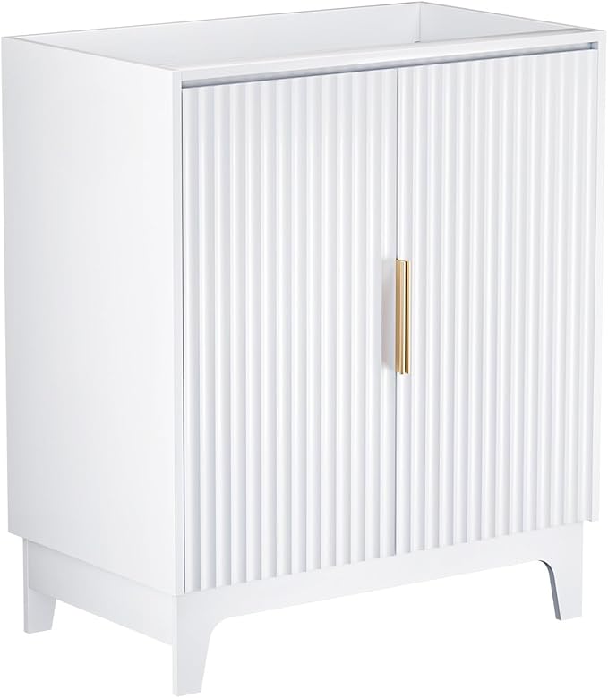VINGLI 30 Inch Bathroom Vanity with Sink, Modern White Freestanding Cabinet with Ceramic Top, Fluted Soft-Close Doors & Gold Handles, U-Shape Storage for Small Bathroom
