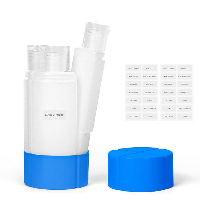 Olatay 4-in-1 Leak-Proof Travel Bottle, 4 * 60ml/2oz, with 2 Pre-printed Labels, TSA Approved, Carry-On Travel Size Toiletries for Women & Men (Blue)
