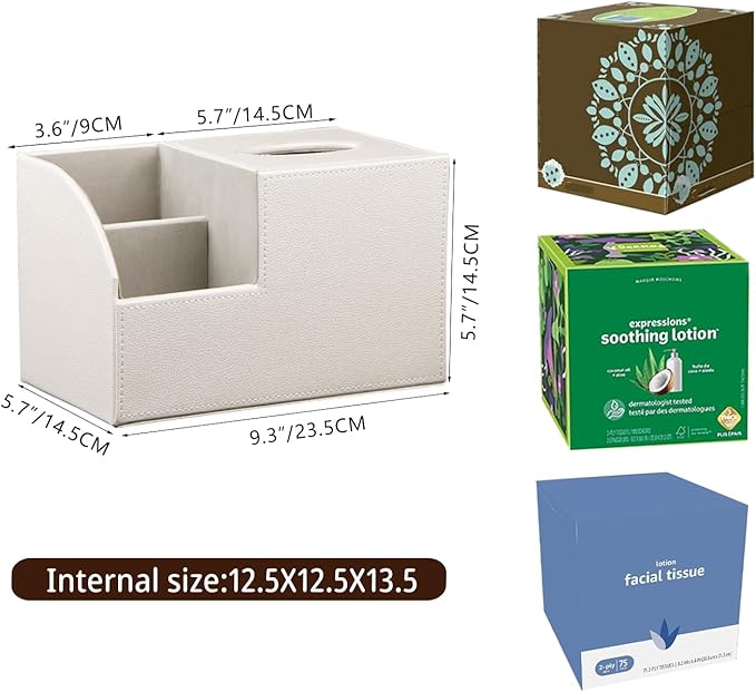 PU Leather Square Tissue Box Cover - Multi-Functional Tissue Box Holder, Tissue Box Cover with Storage,Tissue and Remote Control Holder, Cube Tissue Box Organizer Bedroom Nightstand End Table