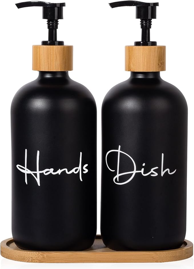 17 oz Hand Soap Dispenser Empty Glass Lotion Pump Bottles, Refillable Liquid Dish Soap Bottles for Bathroom, Kitchen Sink, Black, 2 Pack