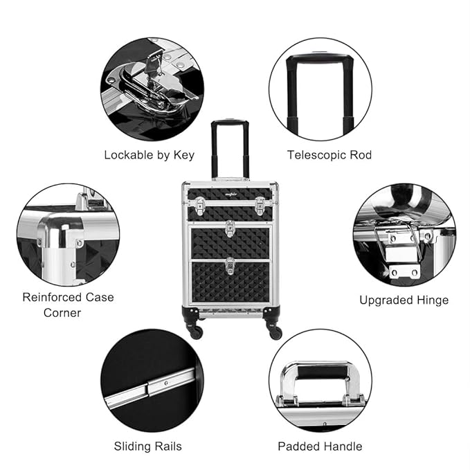 mefeir Aluminum Rolling Makeup Train Case, Portable Makeup Organizer Suitcase, Cosmetic Storage Box, Travel Beauty Luggage Trolley Lockable w/4 Removable Wheels & 2 Sliding Drawers (Black)