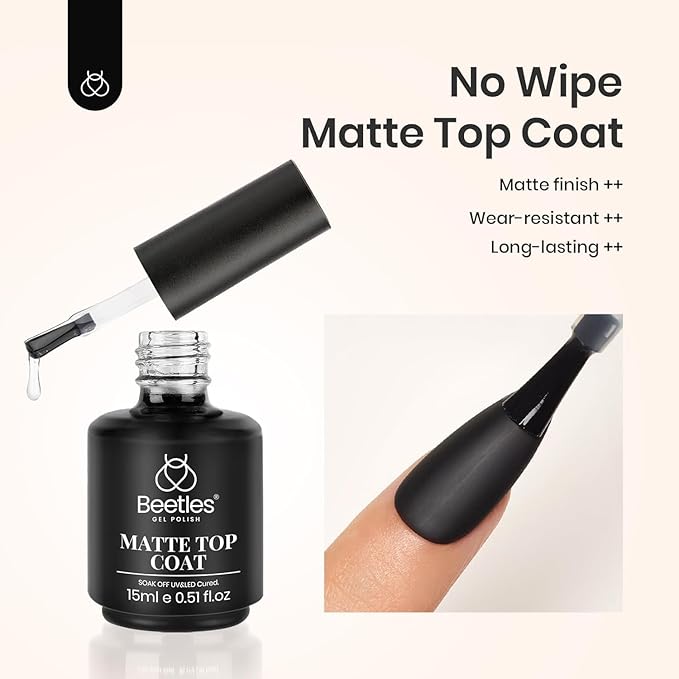 Beetles Matte Top Coat for Gel Nail Polish,15ML No Wipe Powder-Resist Matte Finish for Detail Chrome Powder Painting and Long Lasting Gift Set for Women