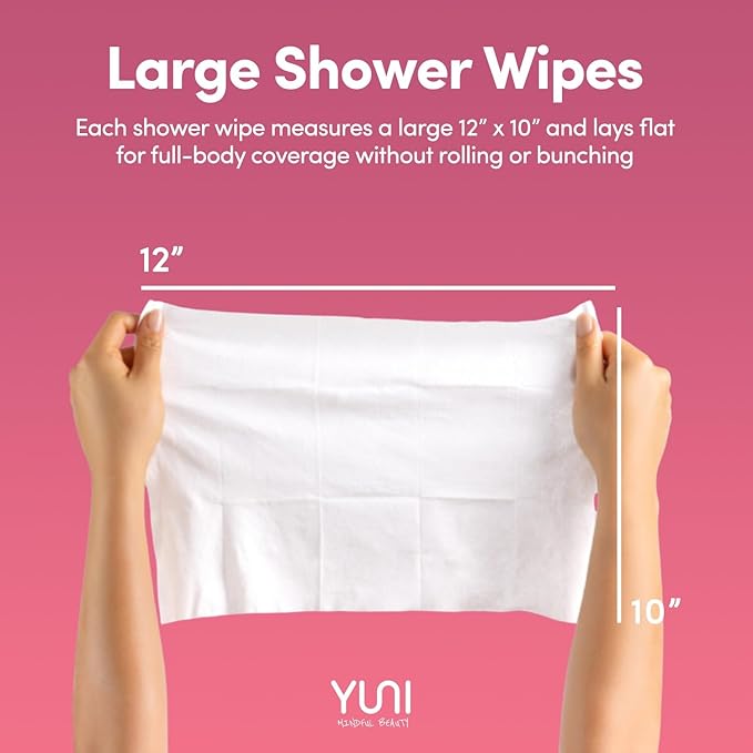 YUNI Beauty Large Body Wipes (Rose Cucumber, 12 Count) Soft Moist Showerless Wipe, Cleanse & Deodorize Waterless Travel Body Cleanser, Biodegradable Individually Wrapped Body Wipe for Camping or Gym