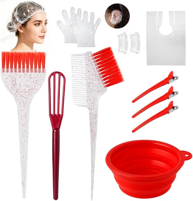 Hair Dye Color Brush and Bowl Set, Color Bowl Brushes Tool Mixing Bowl Kit Tint Comb for Hair Tint Dying Coloring Applicator (Red&Clear)