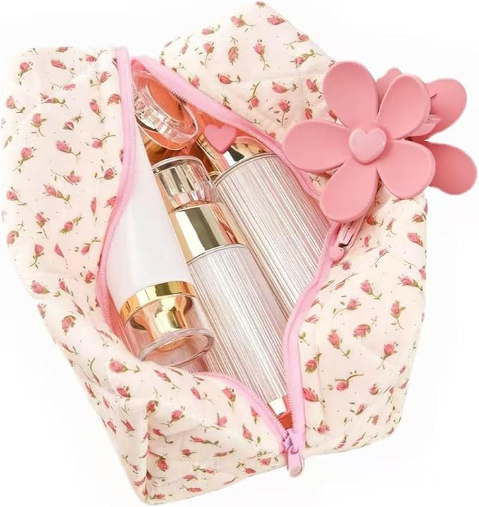 Floral Makeup Bag,Floral Quilted Makeup Pouch,Large Cosmetic Bag,Fashionable Travel Makeup Pouch, Cute Pink Makeup Bag,Puffy Coquette Make up Bag, Attractive Quilted Make up Bag