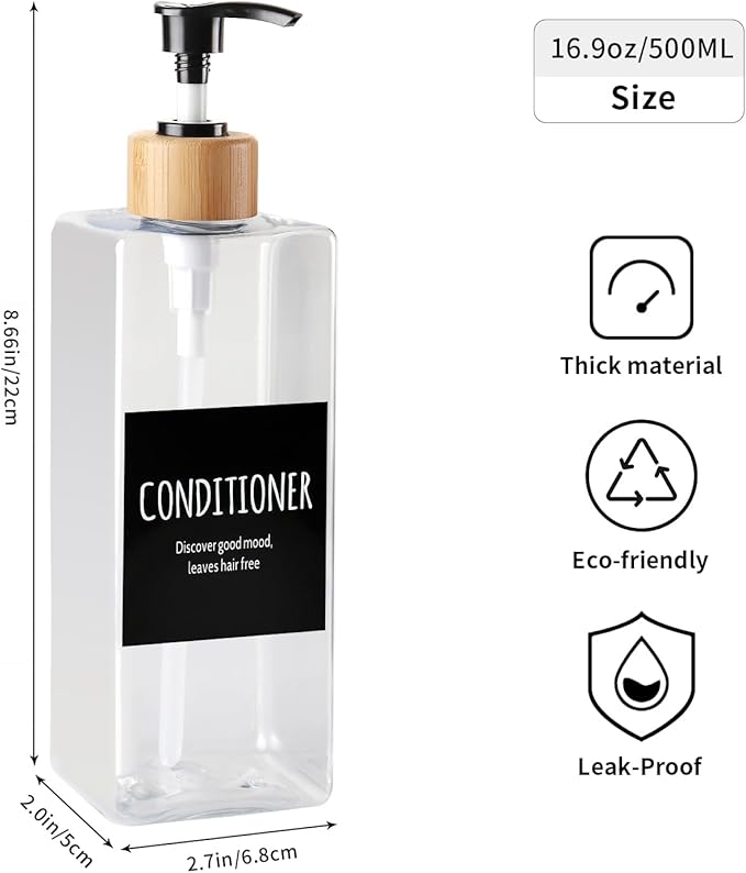 Shampoo and Conditioner Dispenser, Set of 3 16.9oz Refillable Shower Bottles Soap Dispenser with Waterproof Labels, Empty Plastic Bamboo Pump Body Wash Dispenser Set for Bathroom Hotel Tawny