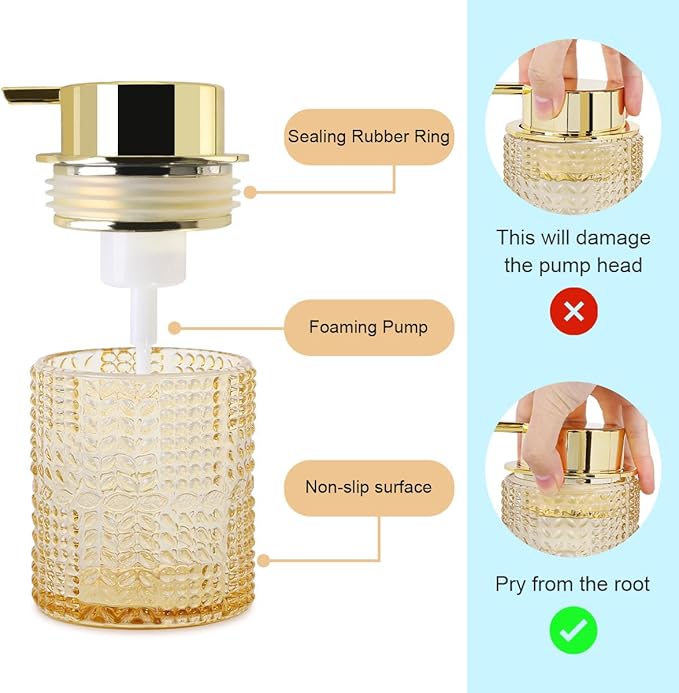 Amber Glass Foaming Soap Dispenser, 2pcs Refillable Foam Soap Dispenser with Gold Pump, Glass Lotion Container Bottle for Kitchen and Bathroom Countertop,Wide-Mouthed and Easy to Press