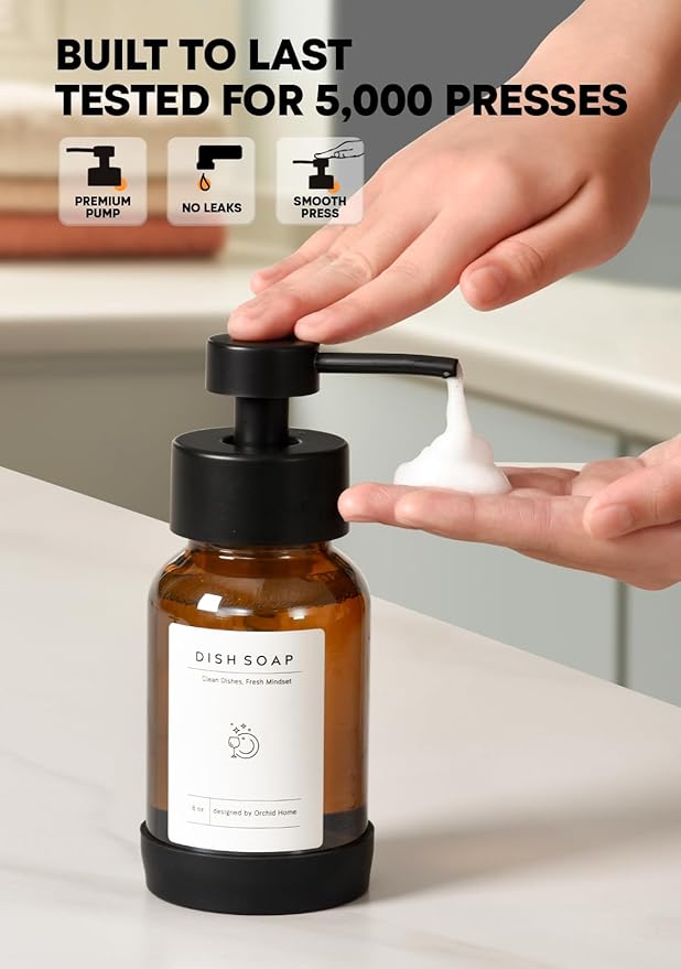 Foaming Soap Dispenser Set, Glass Foam Soap Dispenser with Plastic Pump, 8.5oz Empty Refillable Glass Bottle for Liquid Soap - Kitchen, Bathroom, Commercial