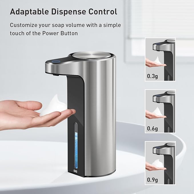 EKO Automatic Foaming Soap Dispenser, Touchless Foam Hand Soap Dispenser for Bathroom and Kitchen, Water-Resistant and Rechargeable, 9 fl oz, Modern Design for Homes and Offices (Stainless)