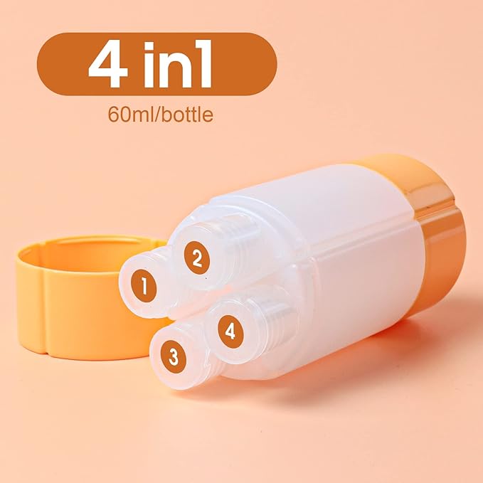 Travel Bottle, TSA approved 4-in-1 Leak-Proof Bottle, 4 * 60ml/2oz, with 2 Pre-printed Labels for Travel Gym Camping, Carry-On Travel Size Toiletries Shampoo Lotion Bottle for Women Men(Orange)
