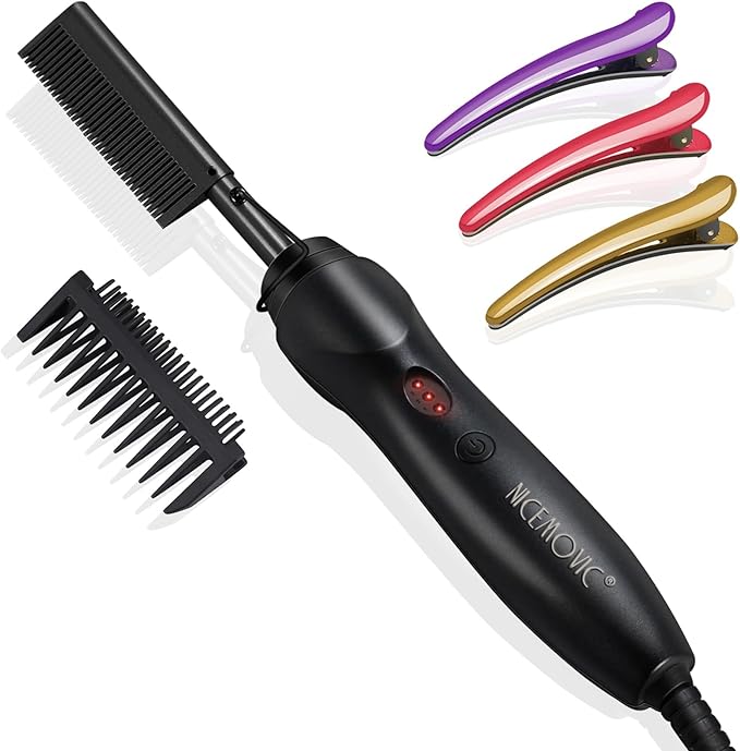 NICEMOVIC Ceramic Heating Hair Straightener Comb - Hot Pressing Brush for Natural Black Hair, Beard Wigs, and Curling (Black)