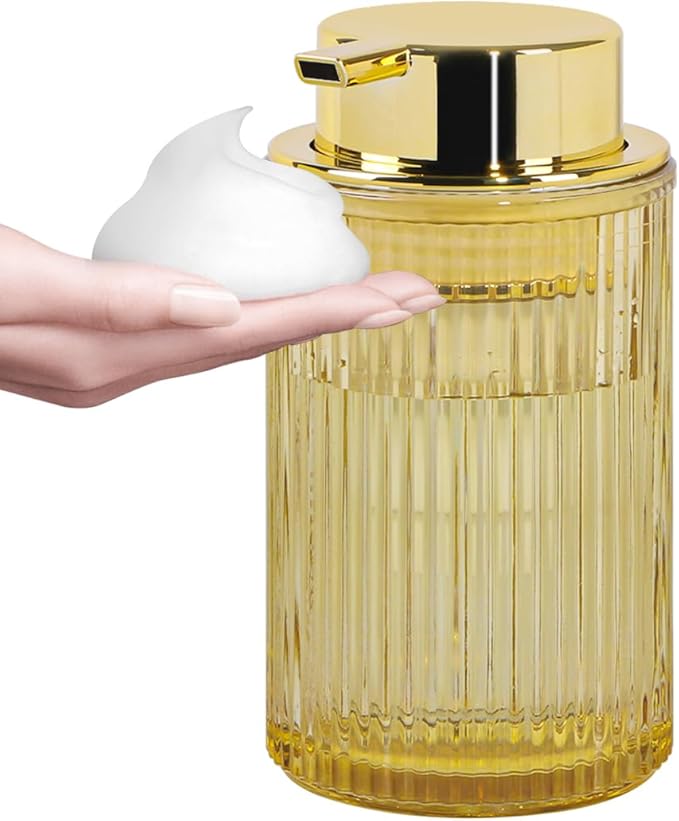 Foaming Soap Dispenser, 12 Oz Amber Glass Foam Hand Soap Dispenser, Refillable Glass Foam Pump Bottle Container Decorative Slim Ribbed Bottle for Bathroom and Kitchen