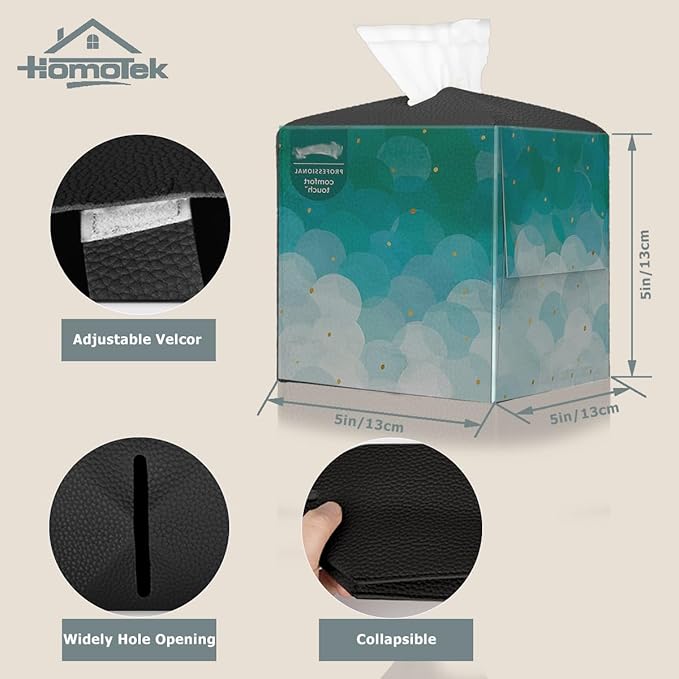 HOMOTEK 2 Pack Tissue Box Cover, Square PU Leather Tissue Holder, Decorative Facial Tissue Cube Paper Organizer Dispenser for Bathroom, Night Stands, Desk, Car 5X5X5'' - Matte Black, Pebble Grain