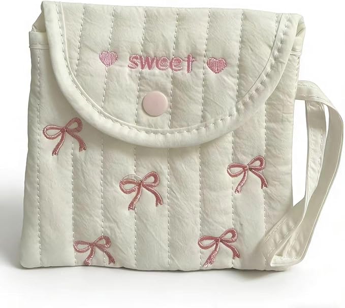 Period Bag Pouch for Girls and Women, Discreet Quilted Sanitary Pad and Tampon Bag for School Travel, Cute Embroidered Feminine Hygiene Organizer, Menstrual Product Holder