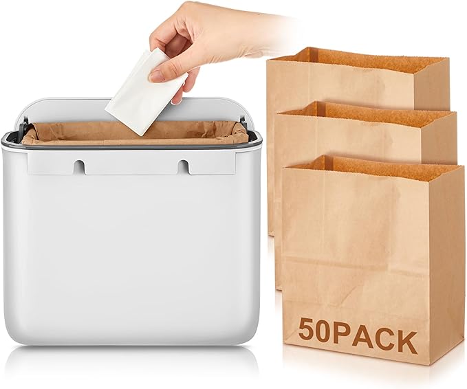 Tioncy 1 Pack Sanitary Napkin Disposal Receptacle with 50 Pcs Waxed Feminine Hygiene Bags Tampon and Pad Holder for Bathroom with Lid Kraft Paper Liner Bag Wall Hanging Trash Can Kitchen Compost Bin