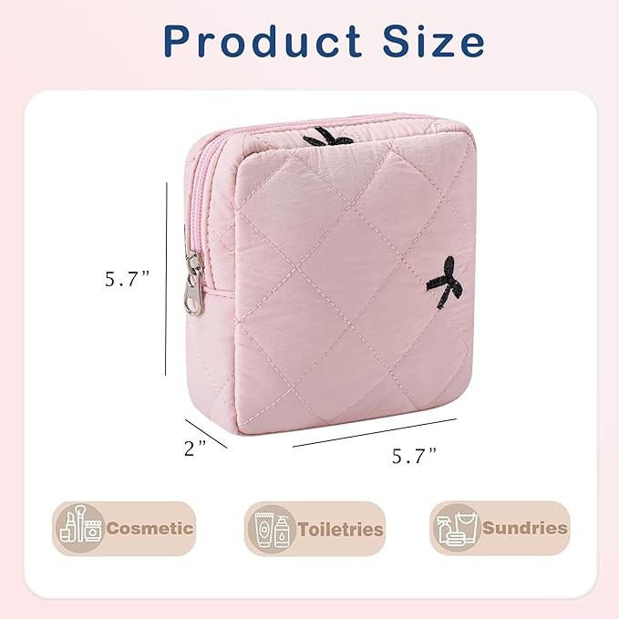 Small Quilted Cosmetic Pouch for Purse, Mini Cotton Makeup Bag with Compartments, Cute Zipper Lipstick Holder for Women (04Pink Black Bow)