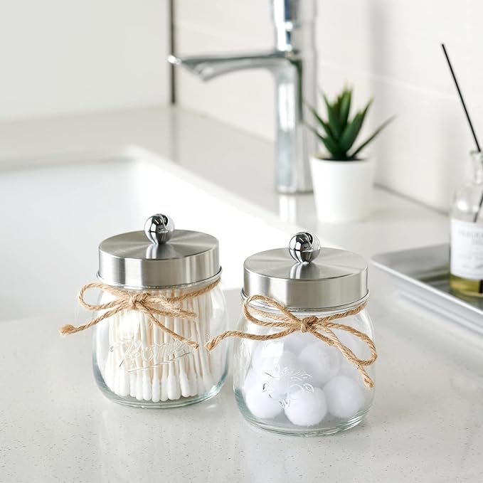 SheeChung 3 Pack Qtip Holder, Contracted Design Bathroom Decor, Apothecary Jars, Mason Jars Bathroom Accessories Set for Cotton Balls, Floss Picks, Cotton Round Pads - Brushed Steel