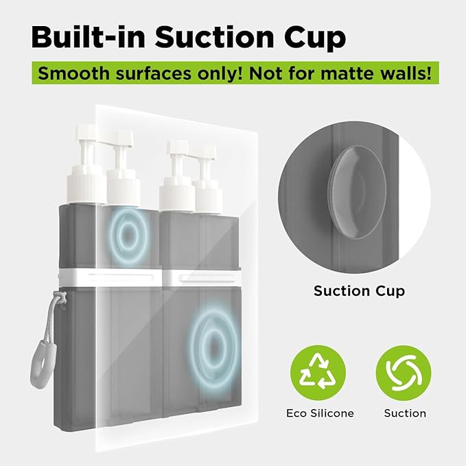 4 in 1 Travel Dispenser Bottle, TSA Approved Refillable Shampoo and Conditioner Bottles Set with Suction Cup for Smooth Walls, Travel Size Toiletries Container for Body Wash/Lotion.(Pink+Grey) 2P