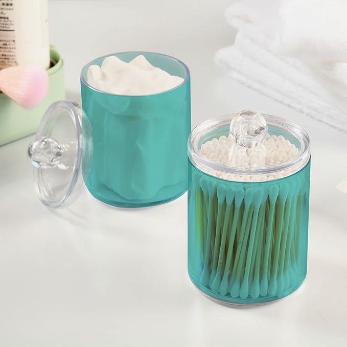 Pale Turquoise Qtip Holder Organizer Dispenser Cotton Swabs Cans Plastic Jars with Lid Set 2 Pack Bathroom Storage Canister for Cotton Ball Floss Cotton Pads