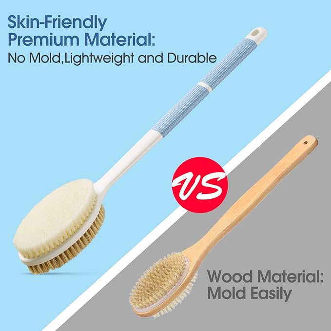 Back Scrubber Anti Slip Long Handle for Shower, Dual-Sided Back Brush with Stiff and Soft Bristles,Body Exfoliator for Bath or Dry Brush.