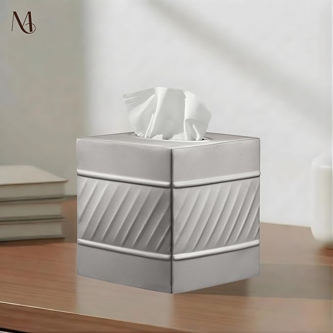 Monarch Abode Tissue Box Cover Square – Handcrafted Wave Embossed Pewter Metal Tissue Holder Box for Bathroom Accessory, Aesthetic Decorative Facial Napkin Cube for Modern Home Decor