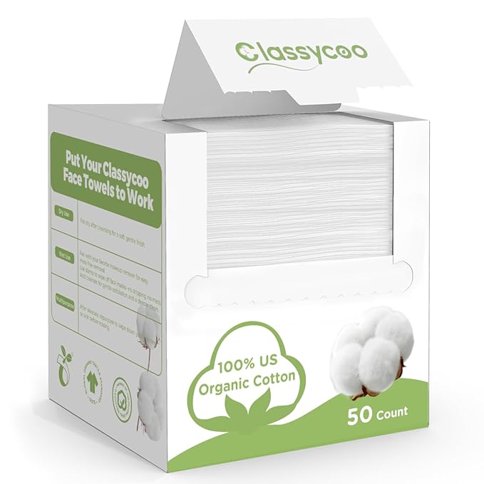Classycoo 50 PCS Disposable Face Towel Travel Size, 100% Cotton Clean Towels Soft for Sensitive-Skin Facial Towelette Wipes, Odor-Free, Makeup Remover Cloths for Hand Dry Wipe, 7.87x7.87 Inch
