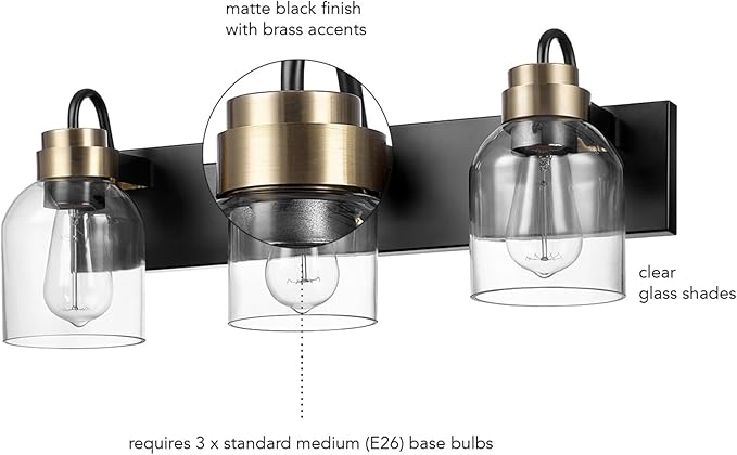 Globe Electric 63000200 22" 3-Light Vanity Light, Matte Black, Matte Brass Accents, Glass Shades, Beauty Room Accessories, Lights for Bathroom, Powder Room Lighting, Bathroom Lights Over Mirror