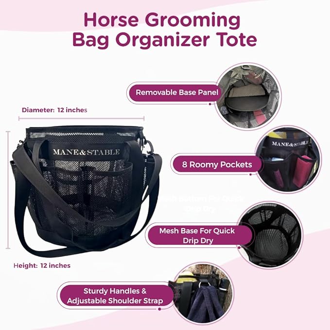 Horse Grooming Bag Hanging Tote with 8 Pockets - Lightweight Mesh Organizer for Horse Supplies, Adjustable Shoulder Strap