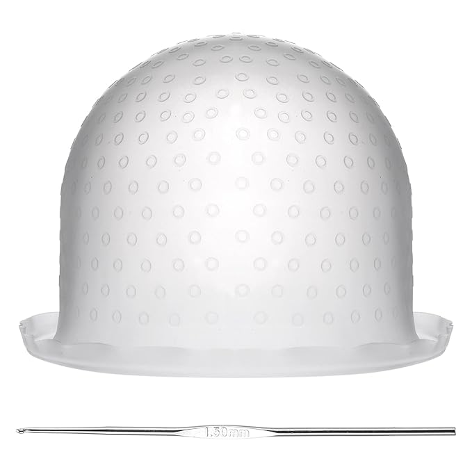 Punched Silicone Highlight Hair Cap with Needle, Professional Reusable Highlighting Poked Hole Cap for Color Hair Salon Hairdressing Dyeing Staining Tools for Women and Men (White)
