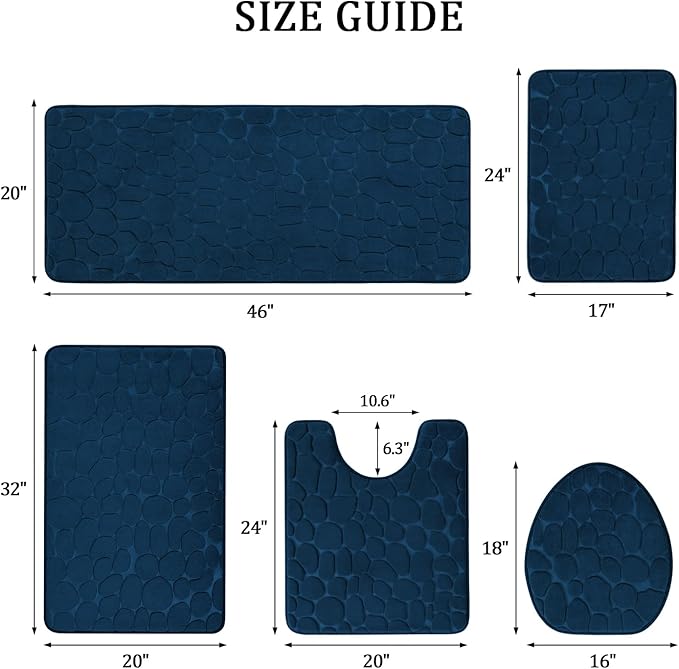 YIHOUSE Bathroom Rugs Mat Set 5 Piece Dark Blue, Memory Foam Bath Mats Sets, Non Slip Water Absorbent Washable Bath Rugs for Sink, Toilet and Floor
