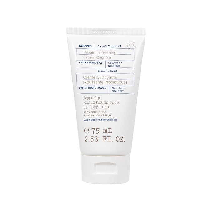 KORRES Greek Yoghurt Foaming Cream Cleanser, Hydrating, Deep Cleansing Skin Care, Makeup Remover, Face Wash for Women, Cream to Foam Facial Cleanser for Dry, Oily, Sensitive, Any Skin Type, 2.5 fl oz