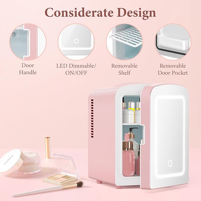 Xbeauty Skincare Mini Fridge With Dimmable LED Mirror, 4L Mini Makeup Refrigerator for SkinCare, Cosmetics, Food & Drinks, Portable Small Refrigerator for Bedroom, Dorm, Car, Office, Pink