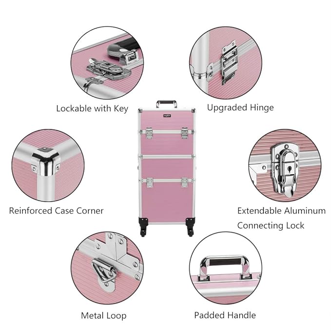 mefeir 2 in 1 Rolling Makeup Train Case, Makeup Travel Organizer Cosmetology Case, Aluminum Cosmetic Display Suitcase on Wheels, Beauty Storage Luggage Lockable w/4 Removable Wheels (Pink)