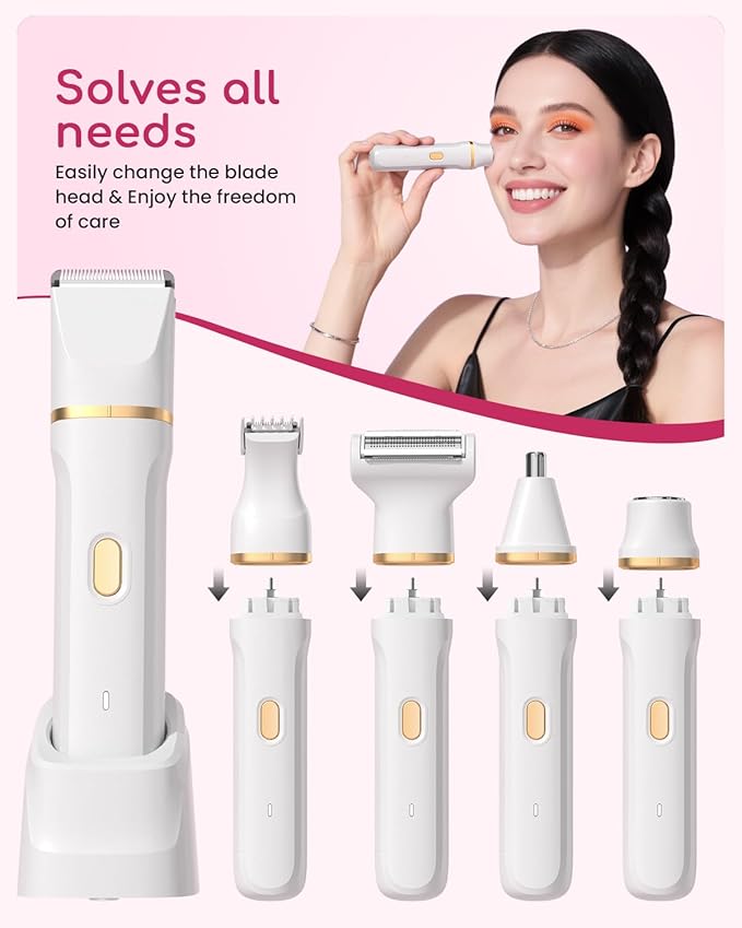 Bikini Trimmer for Women,5 in 1 Waterproof Electric Razors for Women Pubic Facial Nose Body Leg Hair Removal, Anniversary Birthday Christmas gifts for women self care, Stocking Stuffers for Teen Girls