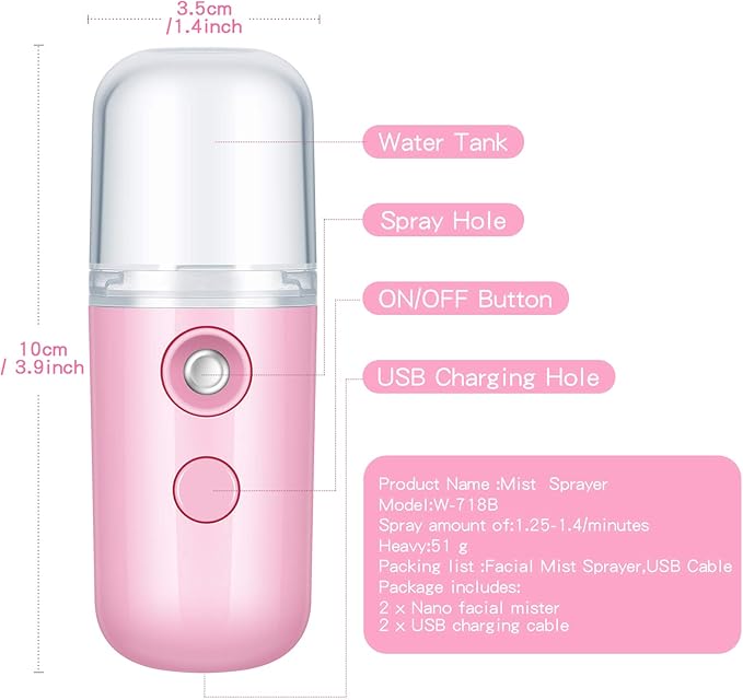 Honoson 2 Pack Nano Facial Mister Spray Bottle Handheld Humidifier Portable Face Mister for Eyelash Extensions USB Rechargeable 1 oz Mini Skin Care Machine for Daily Makeup(Pink)