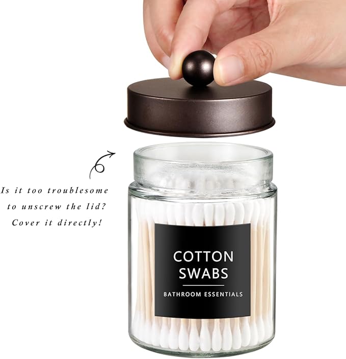 SheeChung Qtip Holder Dispenser for Bathroom Vanity Organizer and Farmhouse Decor - Stylish Glass Apothecary Jar with Stainless Steel Lid and Sticker,Bathroom Countertop Storage Canister(Bronze,3Pack)