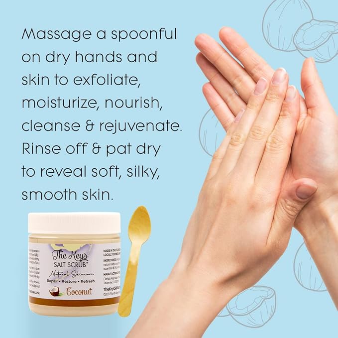 The Keys Salt Scrub -Sea Salt Scrub - Exfoliating Body Scrub with Wooden Spoon - Moisturizing Exfoliator for Hands, Foot, Bath, (3.4 Ounce (Pack of 3), Coconut)