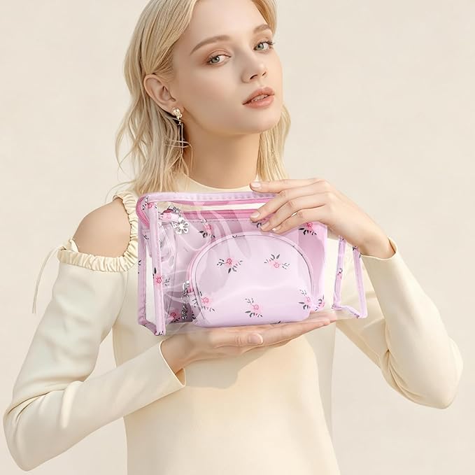 Richeart Makeup Bag, Clear Bag with Zipper, 3PC Floral Flowers Makeup Pouch, Waterproof Small Pouch, Portable Travel Toiletry Bag, A