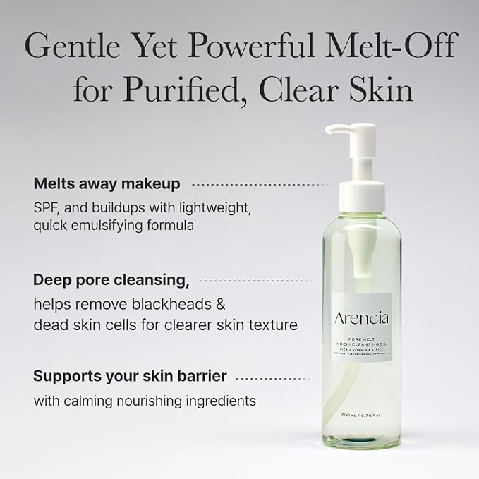 ARENCIA Pore Melt Mochi Makeup-Removing Cleansing Oil, Non-Comedogenic, Rice Amino Acids HD, Vitamin E, Cica, & Ceramide, 6.76 fl oz (Pack of 2)